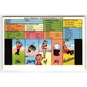 Vintage Linen Postcard Busy Persons Correspondence Comic by Asheville Postcard